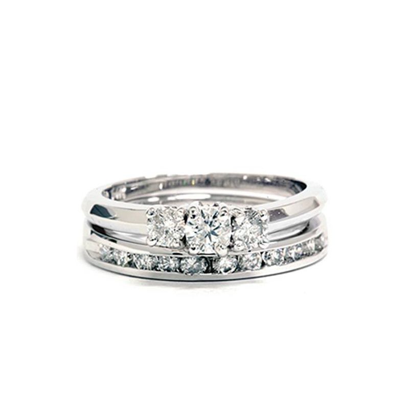 Pompeii3 1ct Diamond Engagement Wedding Ring Set 3-Stone Channel Set Round Cut Solitaire, 1 of 5