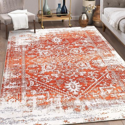 Washable Rug Large Living Room Rug Oriental Traditional Rug Vintage Rug Large Rug Blue Rug Distressed Floral Print Indoor Rug