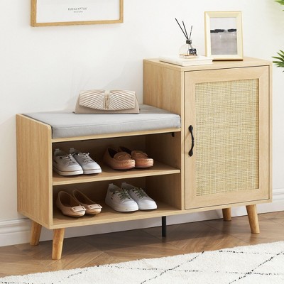 Homhougo Natural Rattan Shoe Storage Bench with Upholstered,2-in-1 Shoe Cabinets with Adjustable Shelf Brown