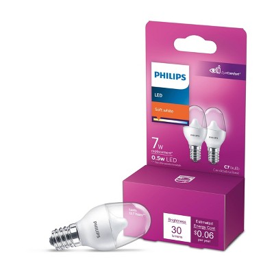 Philips LED 7W C7 Night Light Candelabra Base 2P: 2700K White, 30 Lumens, Mini Candelabra E11, 13.7-Year Life, 2-Pack