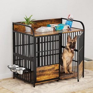 ELJGET Dog Crate Furniture with 2 Adjustable Bowls, Wooden Kennel Table with Double Doors, Indoor Dog House, Rustic Brown - 1 of 4