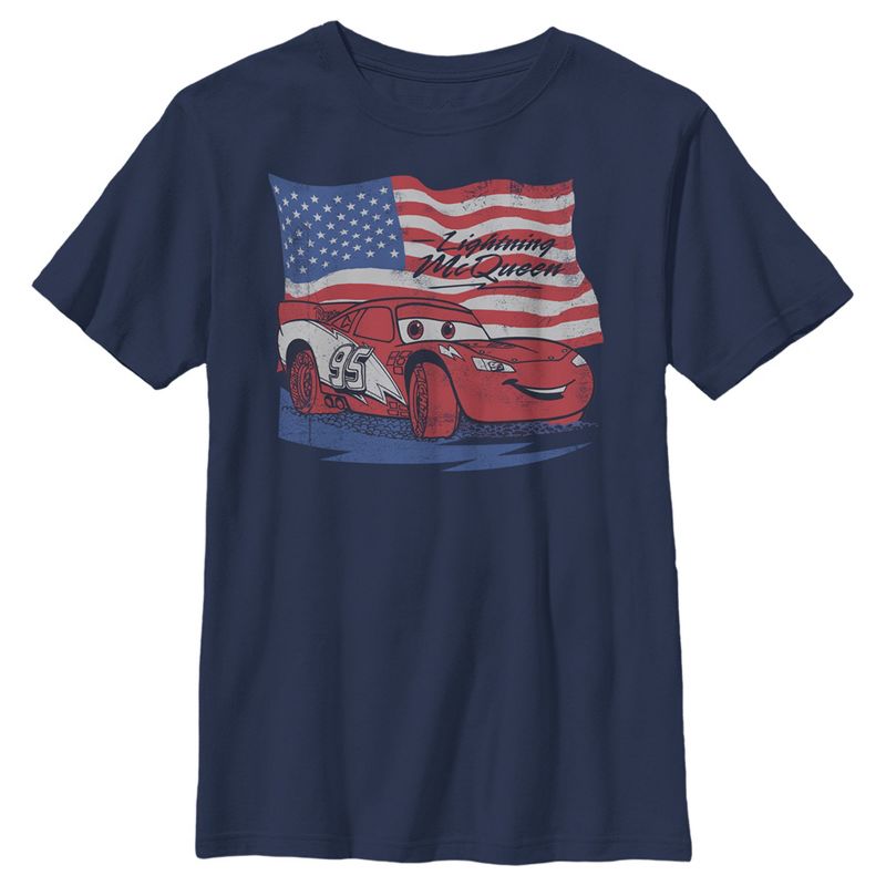 Boy's Cars Lightning McQueen American Flag Race T-Shirt, 1 of 5