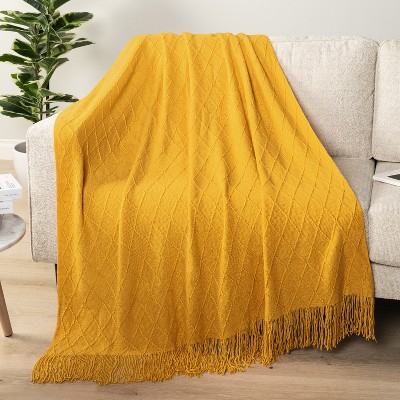 Mustard Yellow Knitted Fleece Reversible Throw Blanket