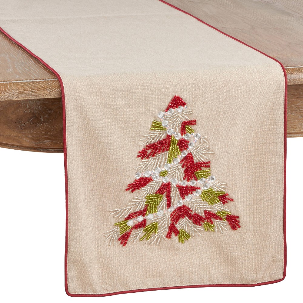Photos - Tablecloth / Napkin 16" X 72" Beaded Christmas Tree Runner Red - SARO Lifestyle: Elegant Holiday Decor, Non-Woven Polyester, Spot Clean