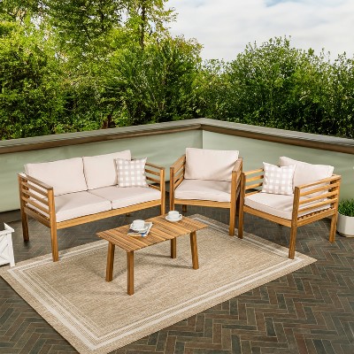Thom 4-Piece Beige and Teak Acacia Wood Outdoor Patio Set