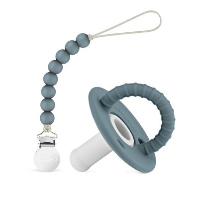 Image of Lulababe Halo Pacfier and Clip Set - Soft Medical Grade Silicone Paci and Clip Holder Baby's and Toddlers - Ash Blue + Clear, Stage 2 (6-24m) - 1 Set