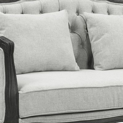 64" Gray Linen Camel-Back Sofa with Dark Brown Carved Wood Frame