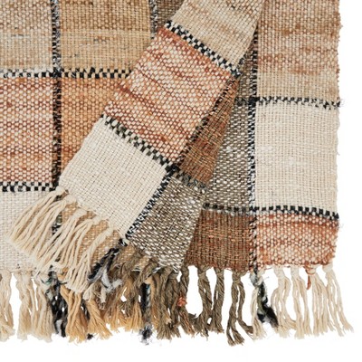Natural Checkered Cotton Table Runner with Fringe, 16" x 72"