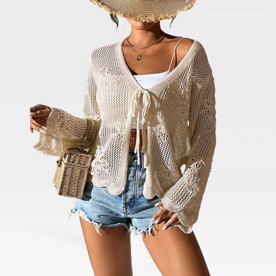 Womens Crochet Lace Cardigan Front Tie Lightweight Cover Ups Long Sleeve Hollow Out Cardigan Beach Cover Ups Crochet Tops for Summer,Apricot - XL
