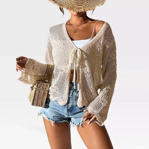 Womens Crochet Lace Cardigan Front Tie Lightweight Cover Ups Long Sleeve Hollow Out Cardigan Beach Cover Ups Crochet Tops for Summer,Apricot - 2XL - 1 of 4