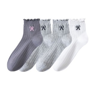 Anna-Kaci Women's 4-Pair Pack Sheer Ribbed Ankle Socks with Ruffled Trim and Embroidered Bow Detail in Multiple Color Combinations - 1 of 4