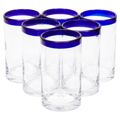 Okuna Outpost Set of 6 Hand Blown Mexican Drinking Glasses, Cobalt Blue Rimmed Water Glassware Tumblers (14 oz)