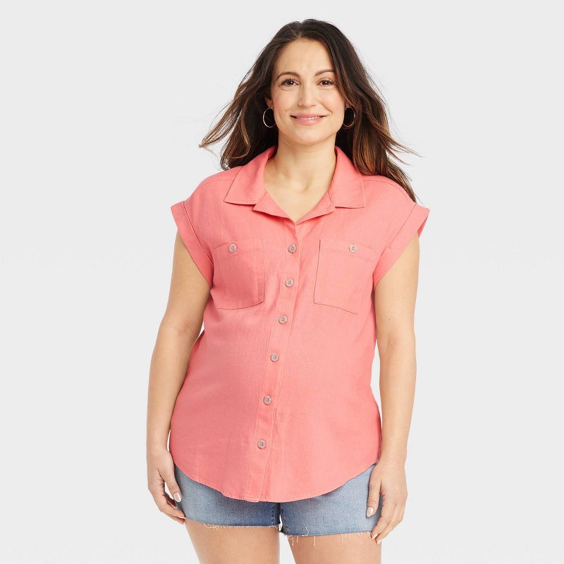 Short Sleeve Linen Button-Up Maternity Shirt - Isabel Maternity by Ingrid & Isabel™, 1 of 4