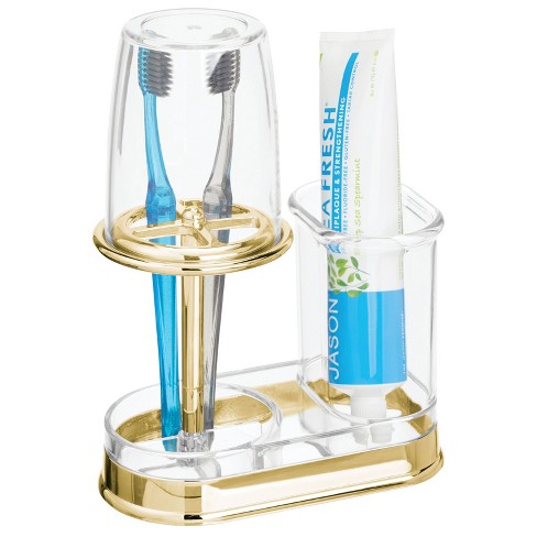 mDesign Toothpaste & Toothbrush Holder with Rinsing Cup - White/Satin/Clear  