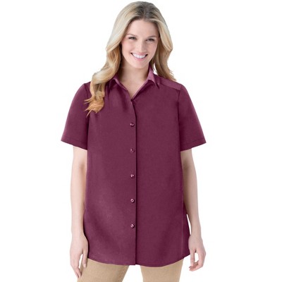 Woman Within Women's Plus Size Short-Sleeve Peachskin Button-Front Shirt