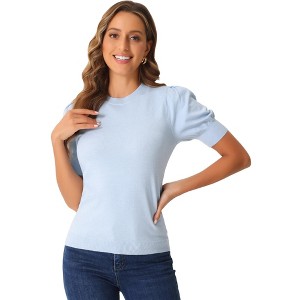 Allegra K Women's Ribbed Knit Crew Neck Lantern Short Sleeve Casual Blouse - 1 of 4