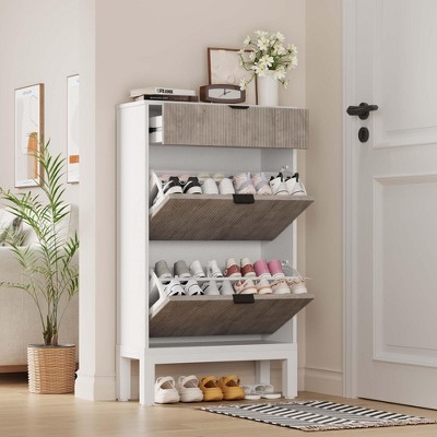 Shoe Storage Cabinet with 2 Flip Drawers & Large Drawer, Farmhouse Fluted Shoe Organizer with Metal Legs