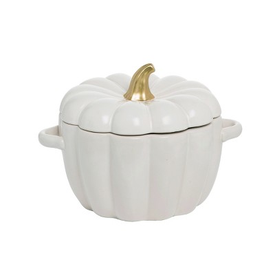 Transpac Ceramic 12 in. White Harvest Pumpkin with Gold Stem Bowl