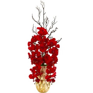 Nearly Natural Red Phalaenopsis Orchid Artificial Arrangement in Gold Vase - 1 of 1