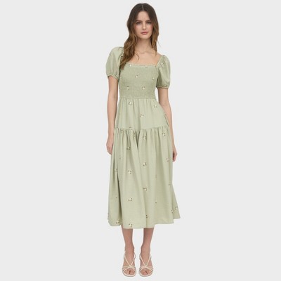 August Sky Women's Smocked Embroidered Floral Midi Dress