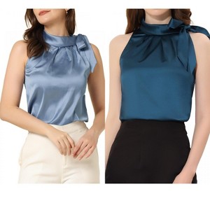 INSPIRE CHIC Women's Elegant Satin Sleeveless Bow Tie Mock Neck Solid Work Blouse 2 Packs - 1 of 4