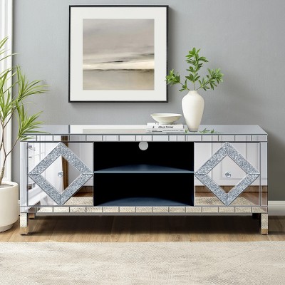 47 Inch Mirror TV Media Console w/Diamond Glass Doors, Dual Door Design & Open Storage Space, Compatible with 50-Inch TV, for Living Room & Bedroom