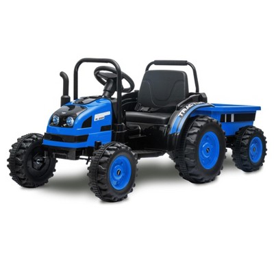 Kids Ride On Tractor with Trailer, 12V Battery Powered Electric Tractor with Remote Control, Music, USB, Led Lights