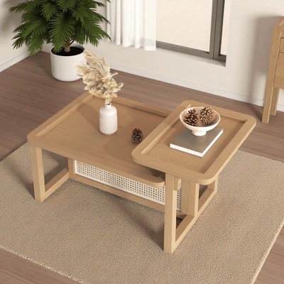 Mshliw Modern 2-Piece Nesting Coffee Table Set, Natural Rattan & Wood MDF Accent Tables, Rectangular Living Room Tables
