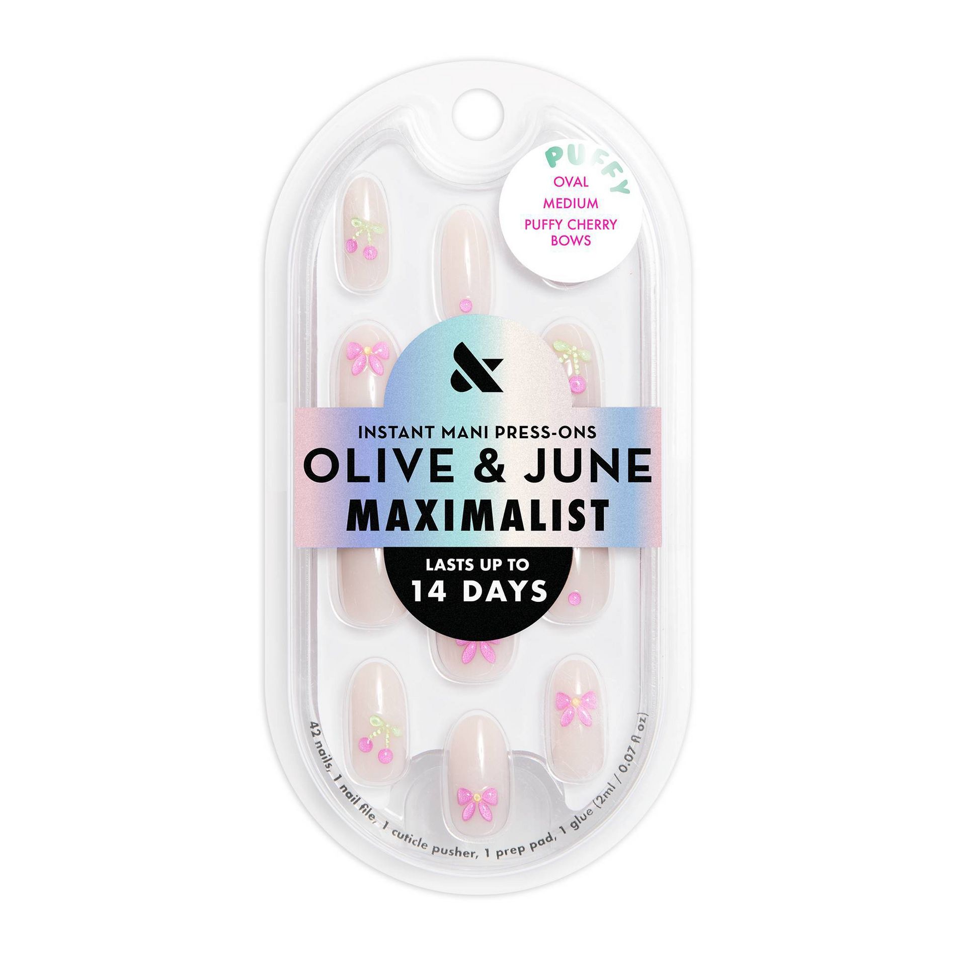 Olive & June Press-On Fake Nails - Maximalist - M Oval - Puffy Cherry Bow - 42ct: Gloss, 90% Recycled Material