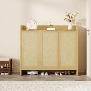 Acekool Rattan 3-Door Shoe Cabinet, Wooden Shoe Storage with Adjustable Shelves and Guardrail Top for Entryway, Dark Oak - 1 of 4