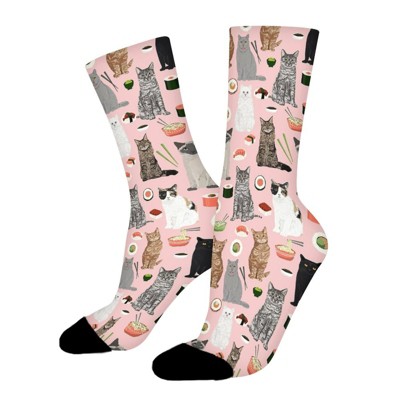 Cats Sushi Pink Women Printed Crew Socks Funny Funky Socks Soft Polyester Novelty Gifts for Artists Men