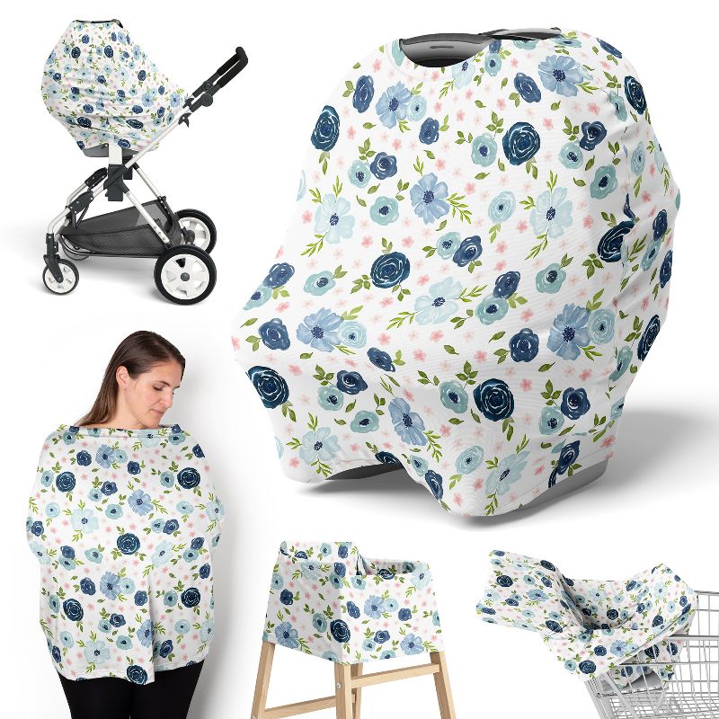 Sweet Jojo Designs Girl 5-in-1 Multi Use Baby Nursing Cover Watercolor Floral Blue and Pink, 1 of 3