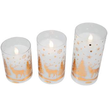 Northlight Set of 3 Woodland Flameless Flickering LED Christmas Glass Pillar Candles 6"