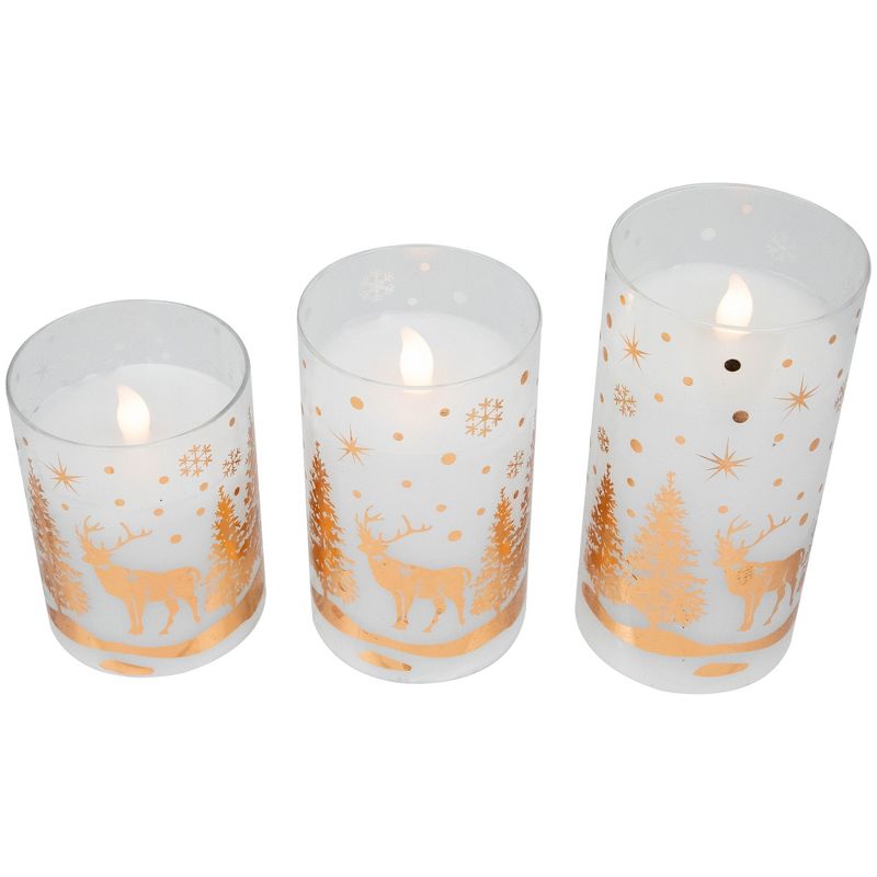 Northlight Set of 3 Woodland Flameless Flickering LED Christmas Glass Pillar Candles 6", 1 of 8