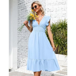 WhizMax Summer Women's V Neck Short Sleeve Dress High Waist A line Dress Flowy Ruffle Shirred Swing Midi Dresses - 1 of 4