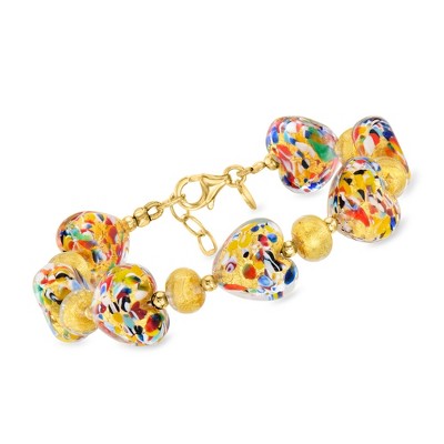 Ross-Simons Italian Multicolored Murano Glass Heart-Shaped Bead Bracelet With 18kt Gold Over Sterling Size 7