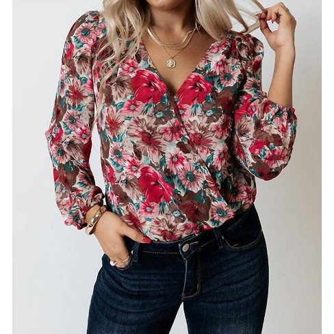 Women's Floral Cross Over Bodysuit - KORI - image 1 of 4