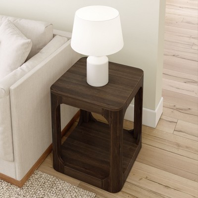 Walnut Square Side Table with Shelf and Storage, 20"