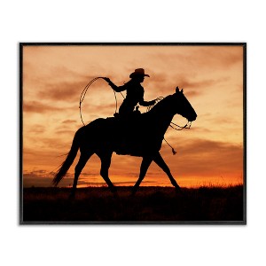 Stupell Industries Cowgirl Sunset Silhouette Southwestern Horse Field Landscape Black Framed Giclee Art - 1 of 4