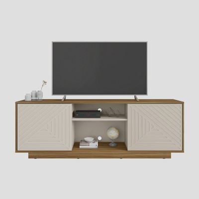 Modern Oak and White Chevron Pattern TV Stand with Cabinets