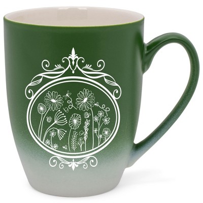 Elanze Designs Flowers in Circle Two Toned Ombre Matte Green and White 12 ounce Ceramic Stoneware Coffee Cup Mug