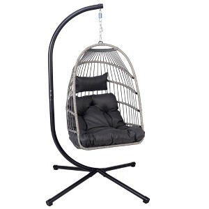 SEVOBAL Patio Swings Outdoor Egg Hanging Chair with Stand Wicker Design for Patio Garden Indoor Decor, Black, 44.4"*30.3"*8.7" - 1 of 4