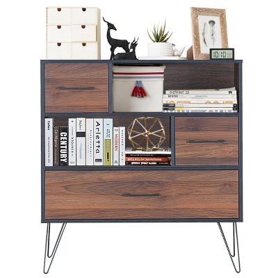 Walnut Multipurpose Sideboard Storage Cabinet with Metal Legs and Drawers