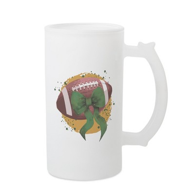 Elanze Designs Freezable Beer Stein Mug With Thumb Grip Handle, 16 Ounce Frosted Glass, Football With Green Bow