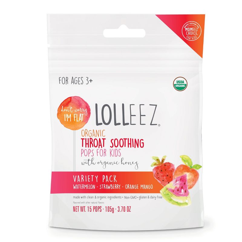 Lolleez Children's Organic Throat Soothing Pops - Watermelon, Strawberry, & Orange Mango - 15ct, 1 of 15