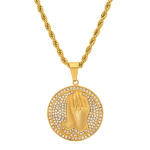 Steeltime 30" Men's 18k gold plated stainless steel and simulated diamonds prayer hands round pendant - 1 of 4