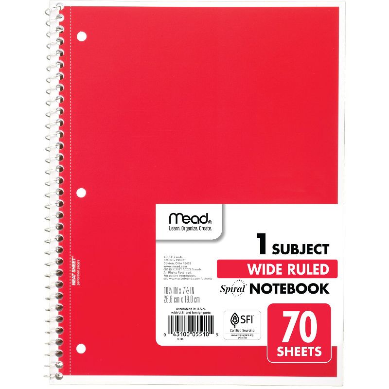Mead Spiral 1 Subject Notebook, Wide Ruled, 70 Sheets Per Book, Pack of 6, 2 of 8