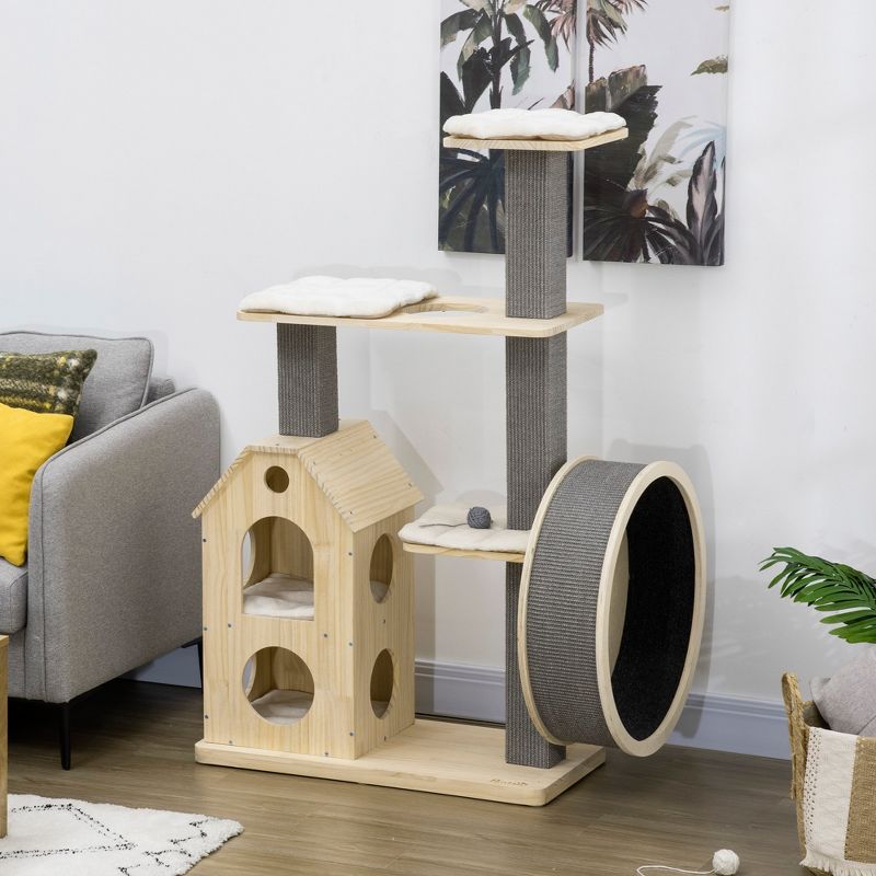 PawHut 53" Modern Cat Tree with Scratching Posts, Small Cat Tree with Double-Layer House, Small Cat Tower for Indoor Cat Furniture, Wooden Cat Tree, 2 of 7