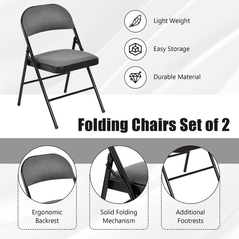 Costway Set of 2 Folding Chairs Fabric Upholstered Padded Seat Metal Frame Home Office, 5 of 9