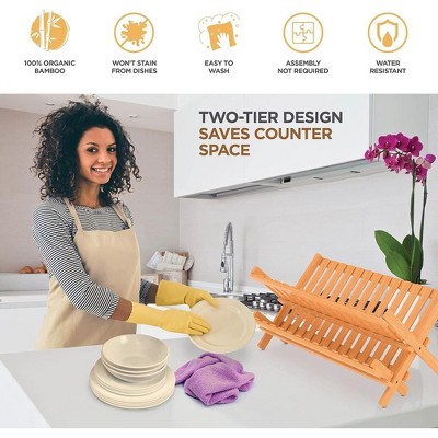Natural Bamboo Foldable Dish Drying Rack with Cup Holder